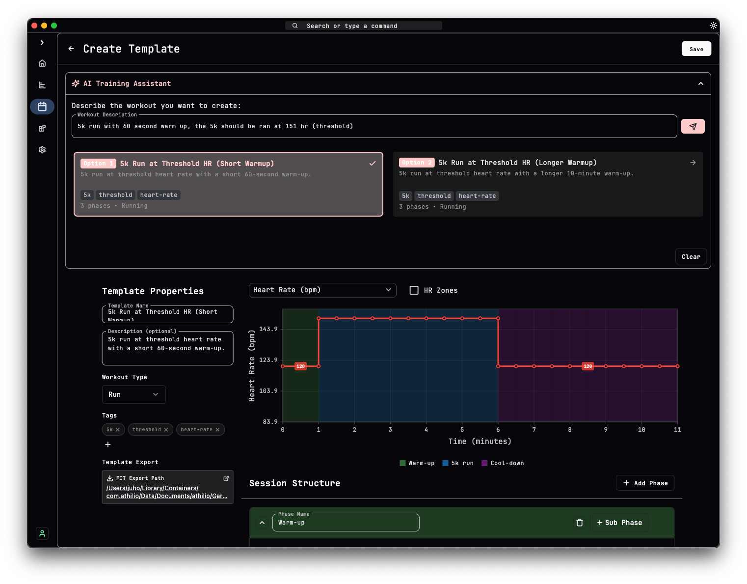 Training session template creation example